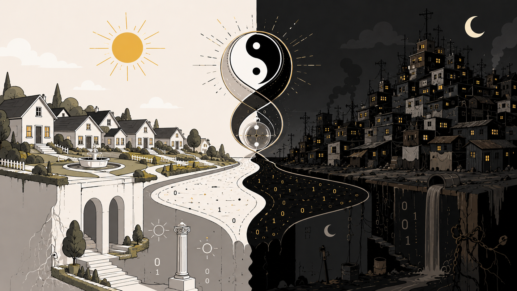 Elysium and Glod divided by a yin-yang road between light and dark cities.